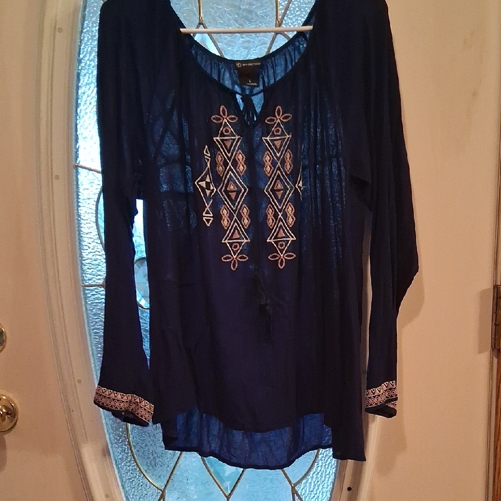New Directions Deep Blue Blouse with Embroidery